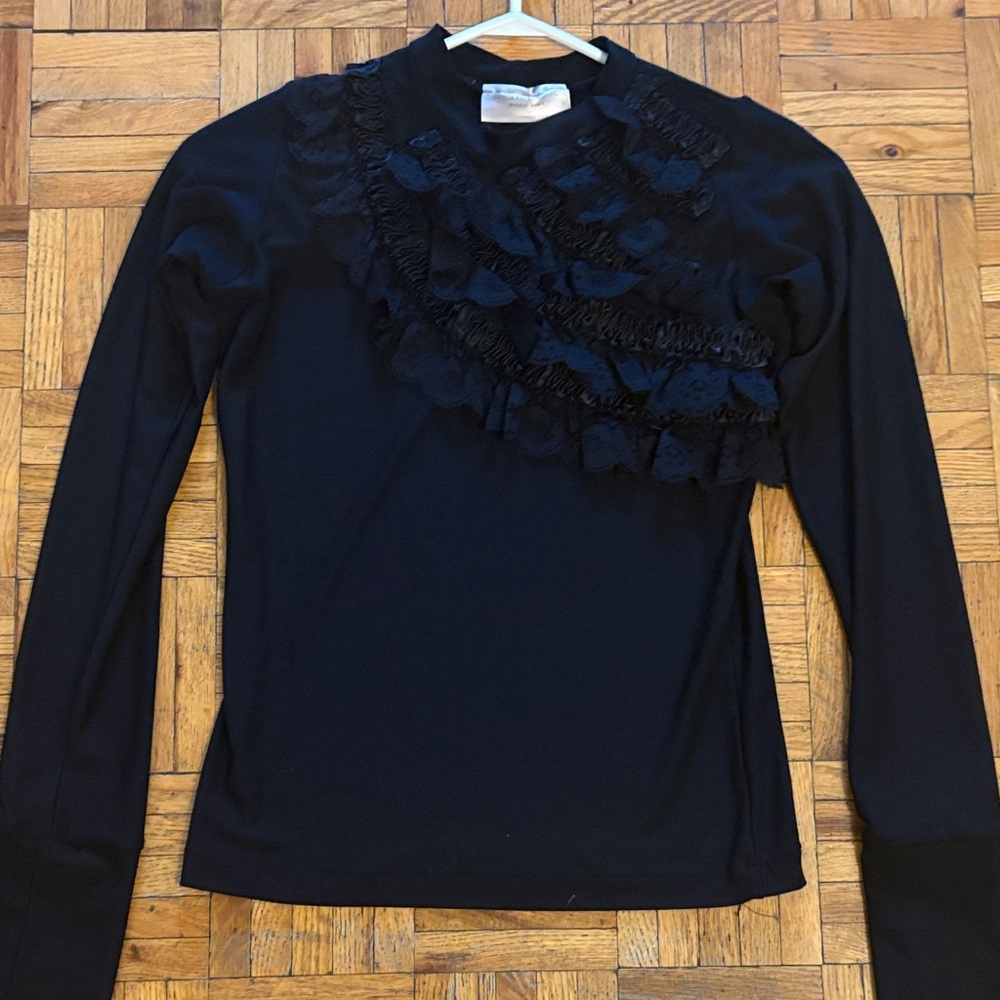 Elegant Black Lace Ruffle Women's Top, Size Small